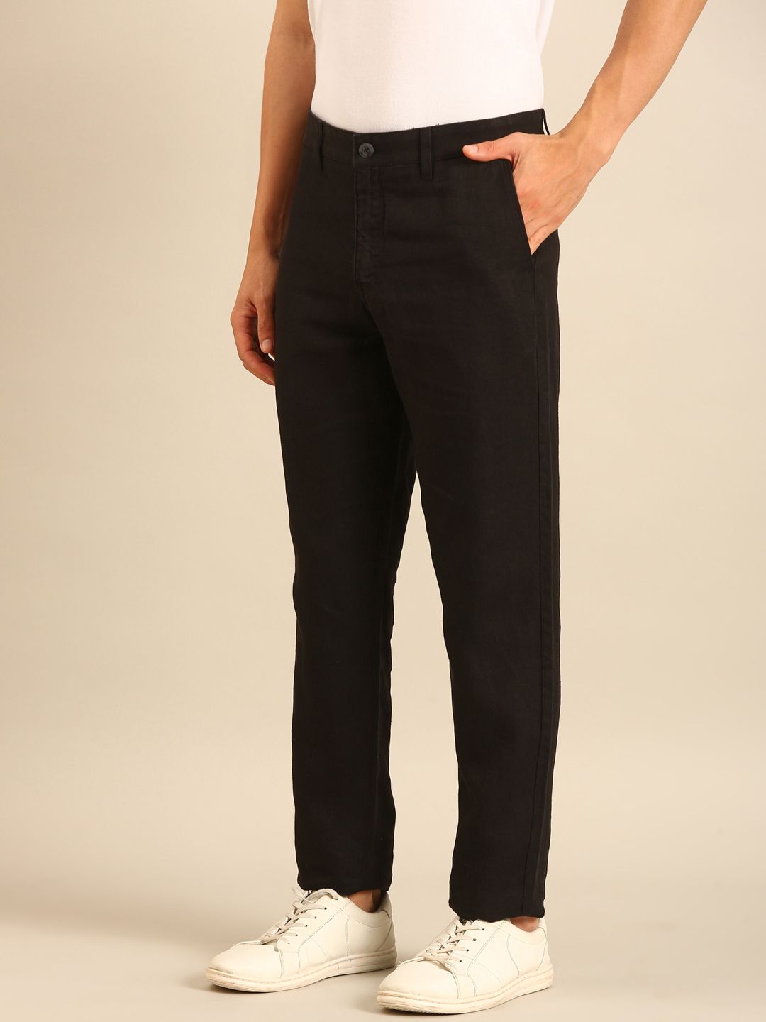 Linen Club Men's Linen Black Solid Contemporary Fit Casual Trouser LCTRSDN020160