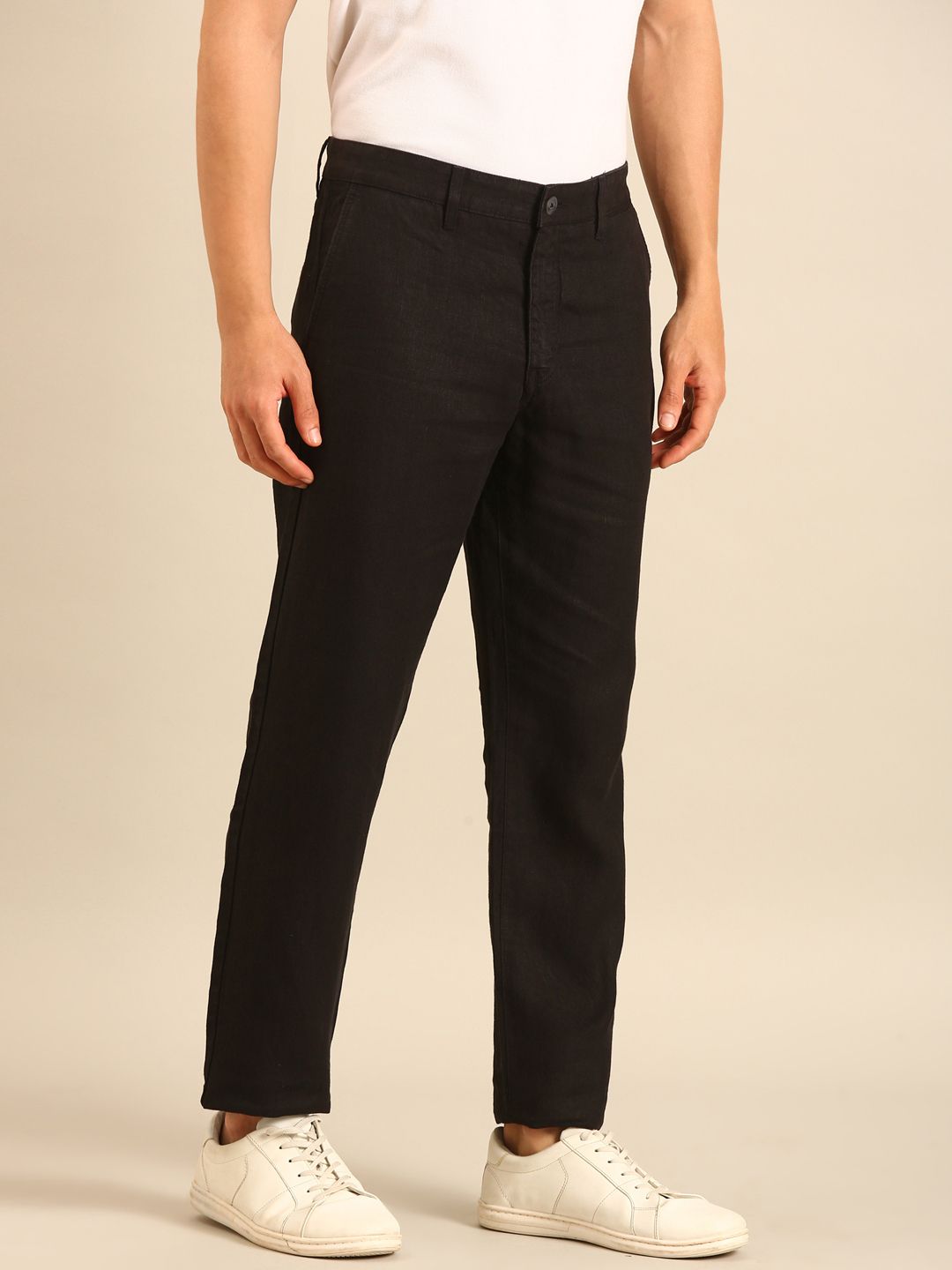 Linen Club Men's Linen Black Solid Contemporary Fit Casual Trouser LCTRSDN020160
