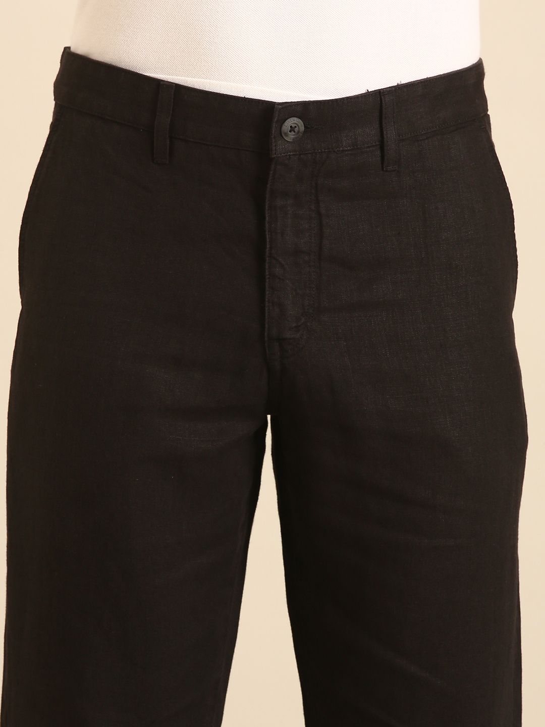 Linen Club Men's Linen Black Solid Contemporary Fit Casual Trouser LCTRSDN020160