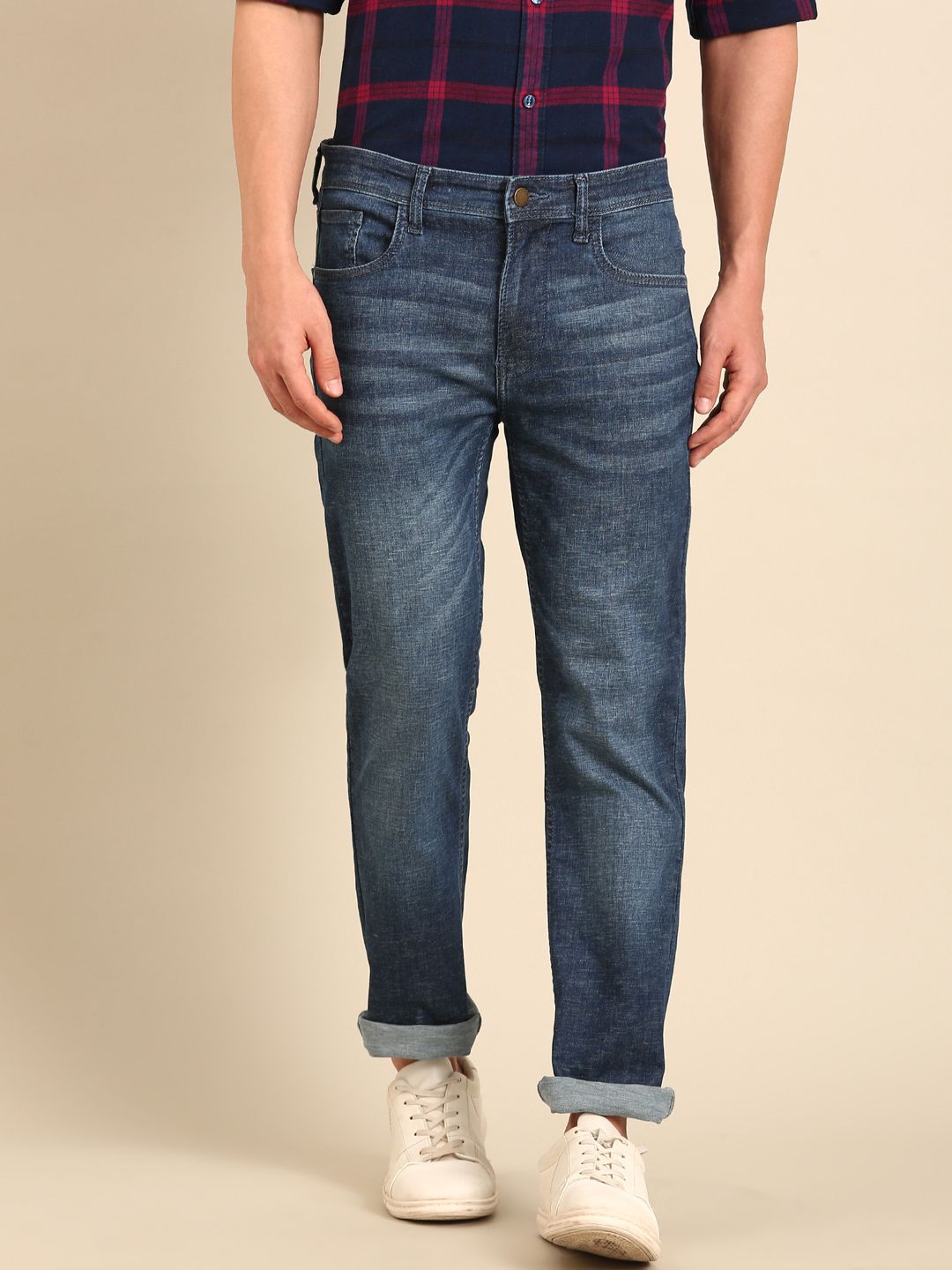 CAVALLO by Linen Club Men's Blended Linen Dark Blue Urban Slim Fit Jeans