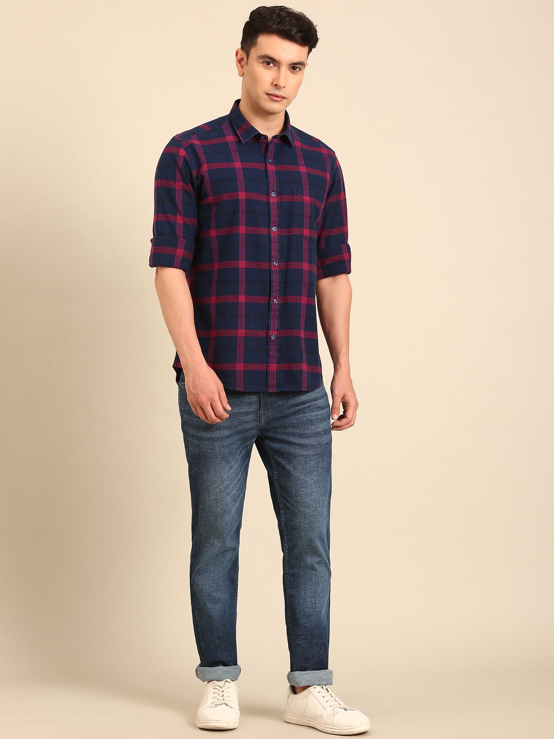 CAVALLO by Linen Club Men's Blended Linen Dark Blue Urban Slim Fit Jeans