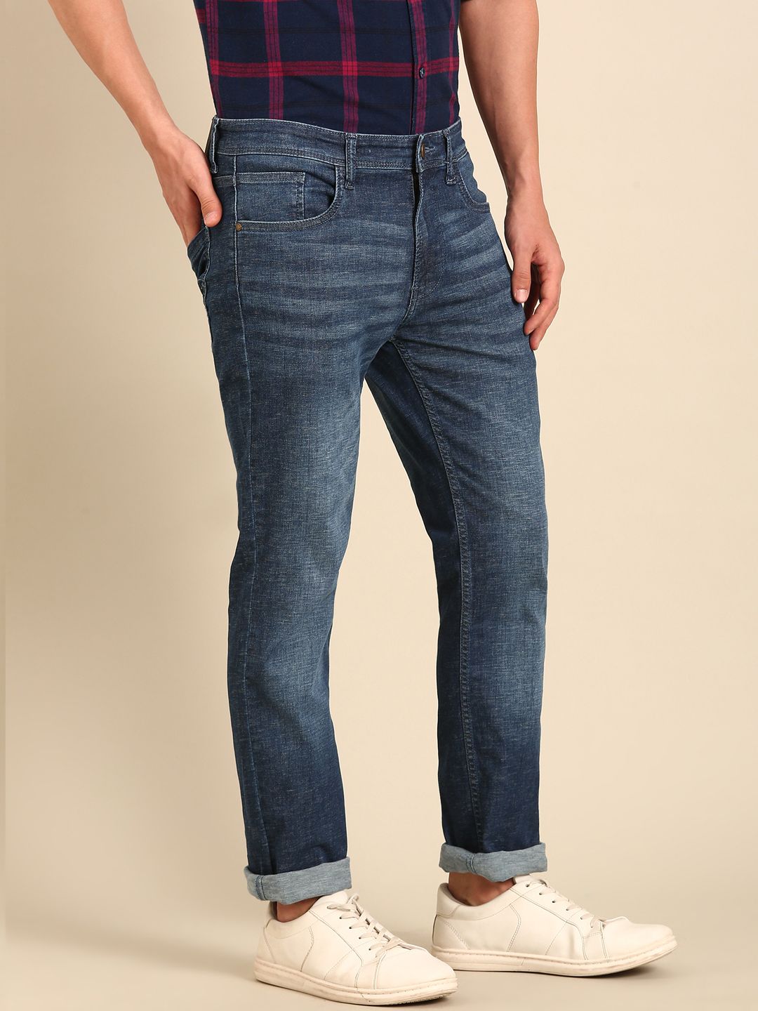 CAVALLO by Linen Club Men's Blended Linen Dark Blue Urban Slim Fit Jeans