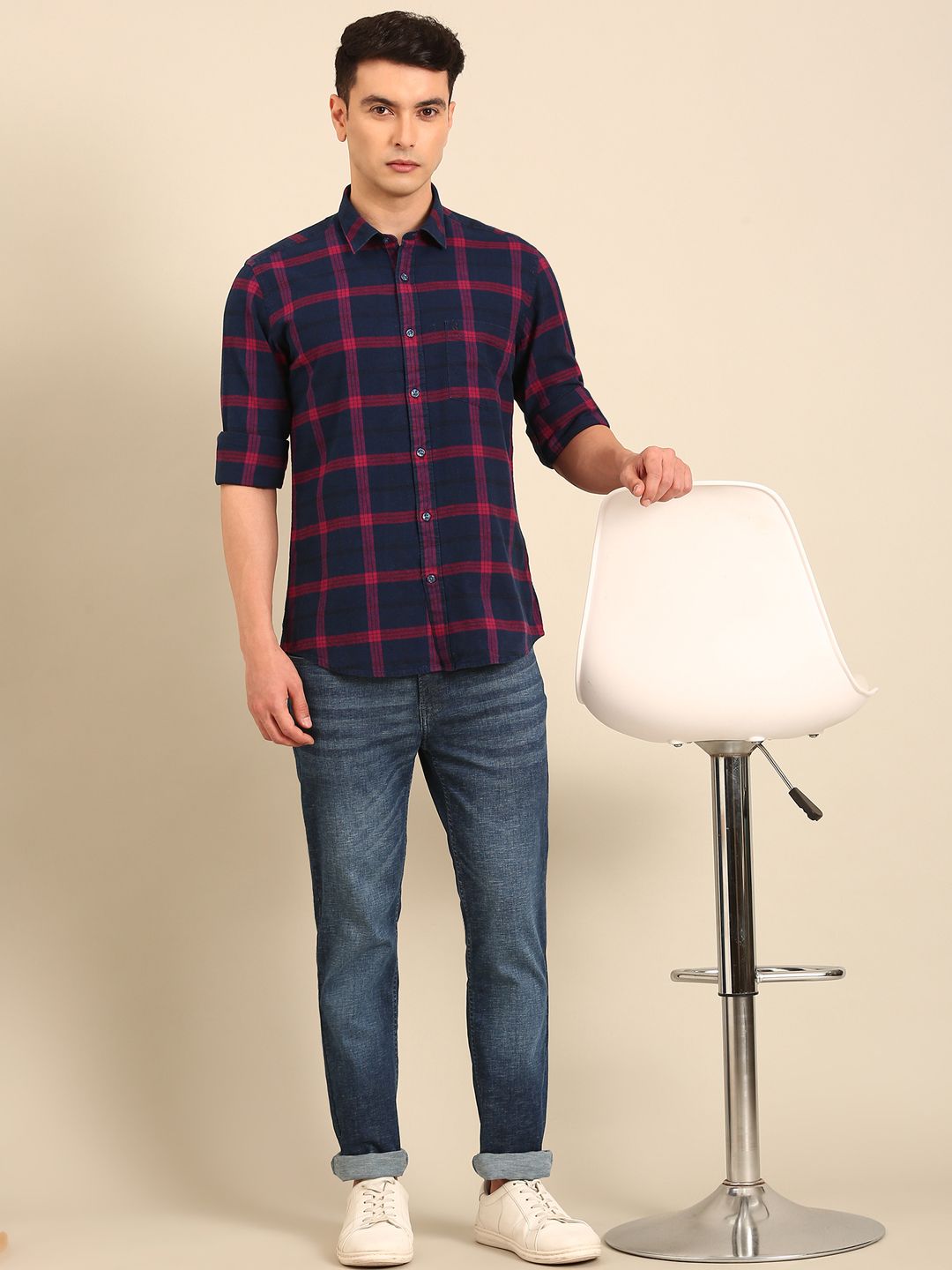 CAVALLO by Linen Club Men's Blended Linen Dark Blue Urban Slim Fit Jeans