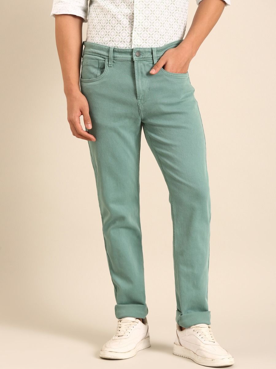 CAVALLO by Linen Club Men's Blended Linen Light Green Urban Slim Fit Jeans