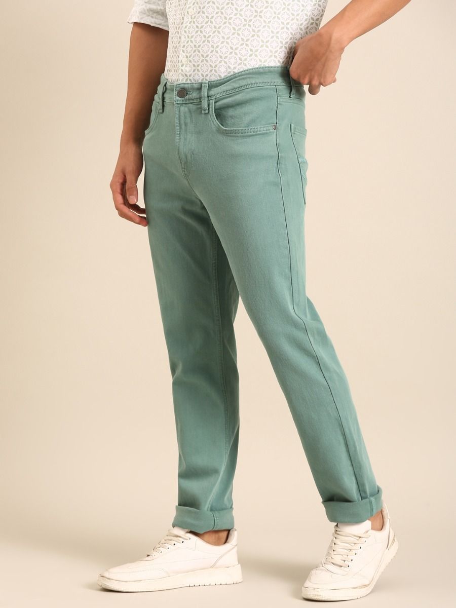 CAVALLO by Linen Club Men's Blended Linen Light Green Urban Slim Fit Jeans
