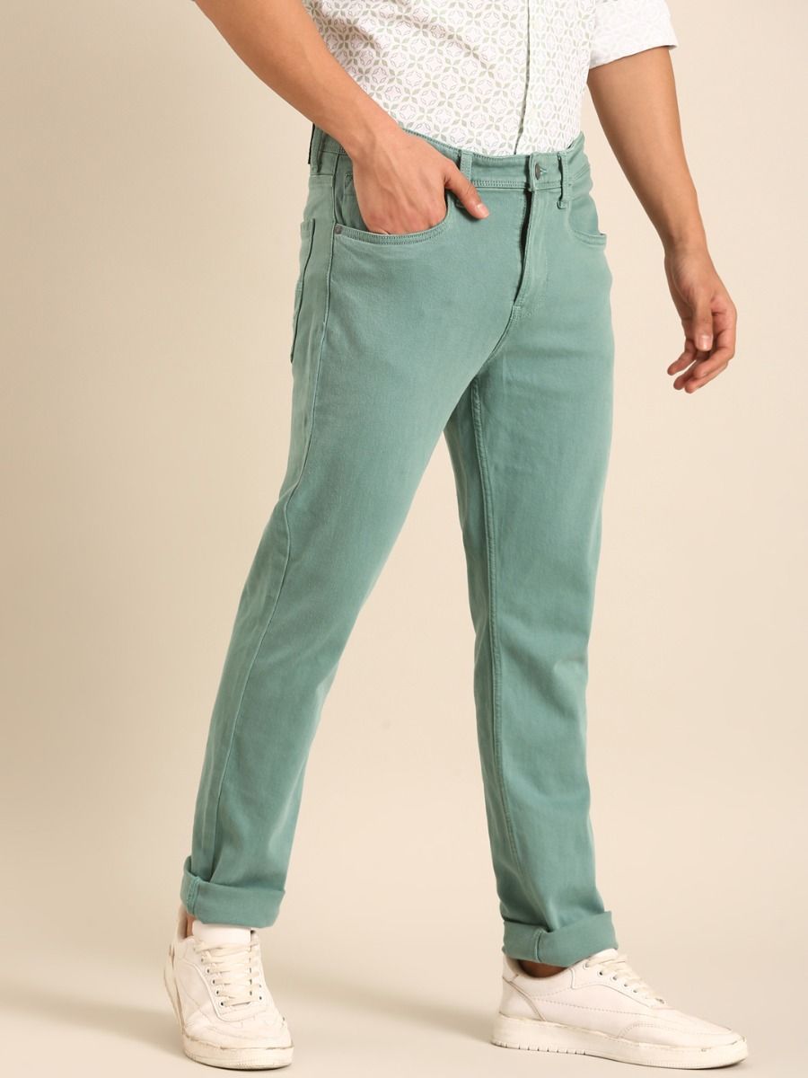 CAVALLO by Linen Club Men's Blended Linen Light Green Urban Slim Fit Jeans