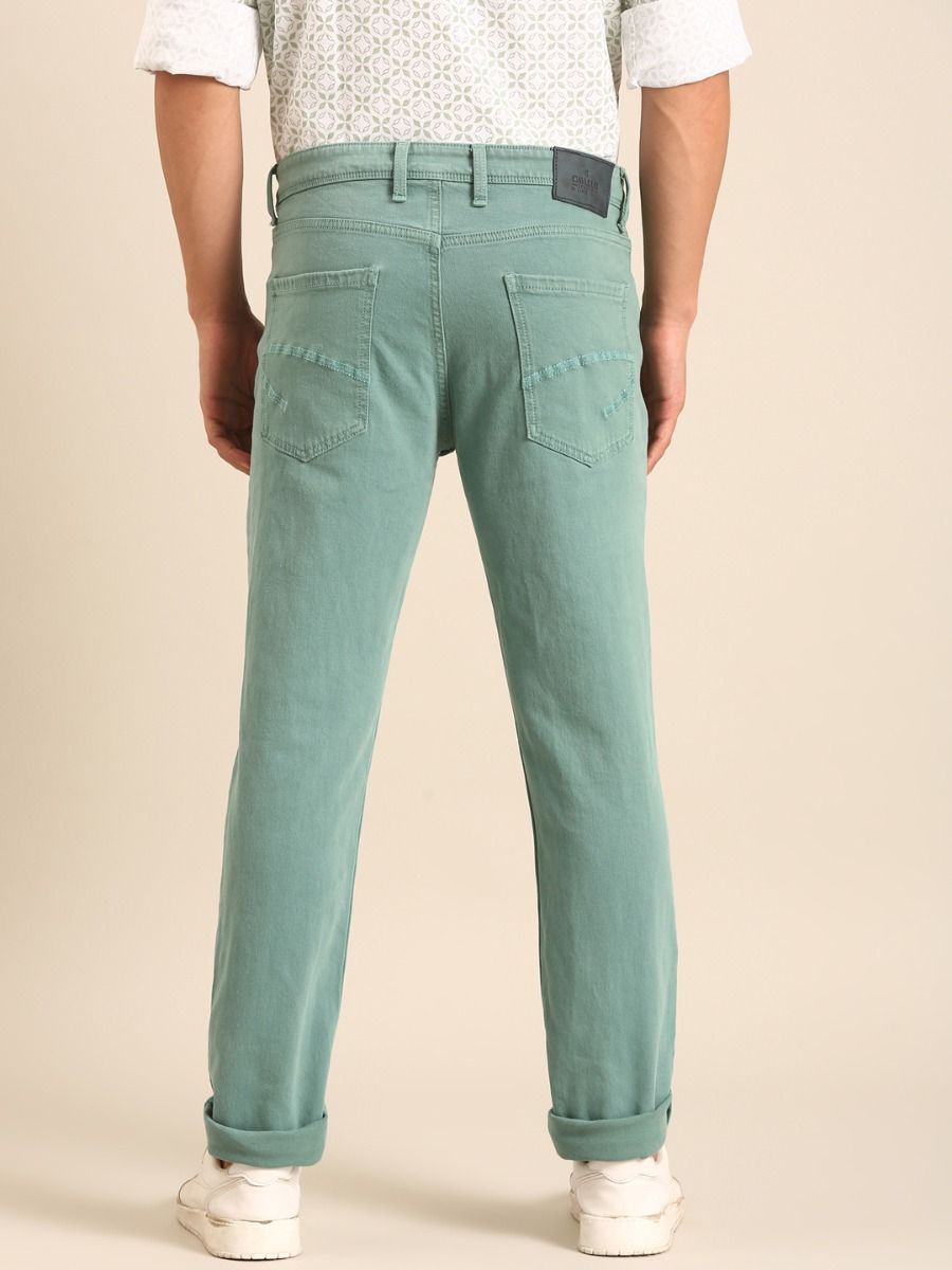 CAVALLO by Linen Club Men's Blended Linen Light Green Urban Slim Fit Jeans