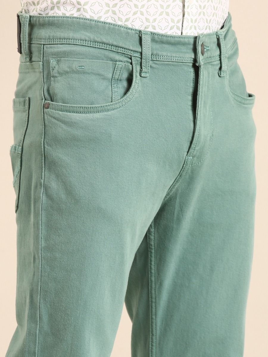 CAVALLO by Linen Club Men's Blended Linen Light Green Urban Slim Fit Jeans