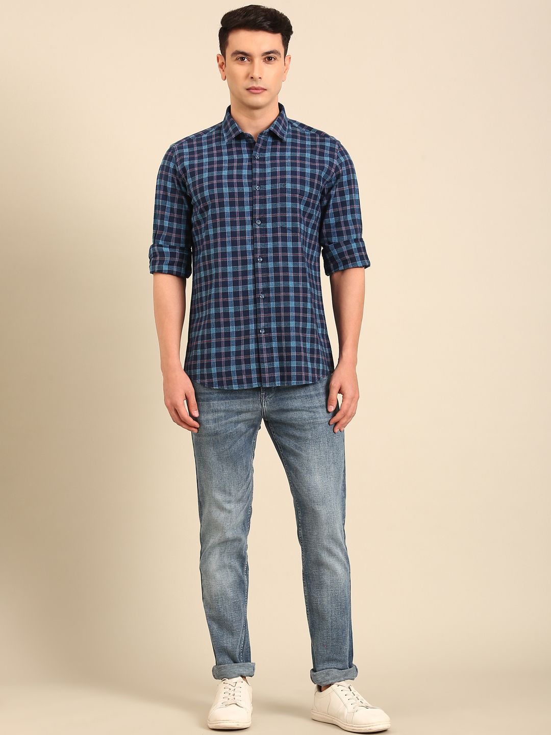 CAVALLO by Linen Club Men's Blended Linen Blue Urban Slim Fit Jeans