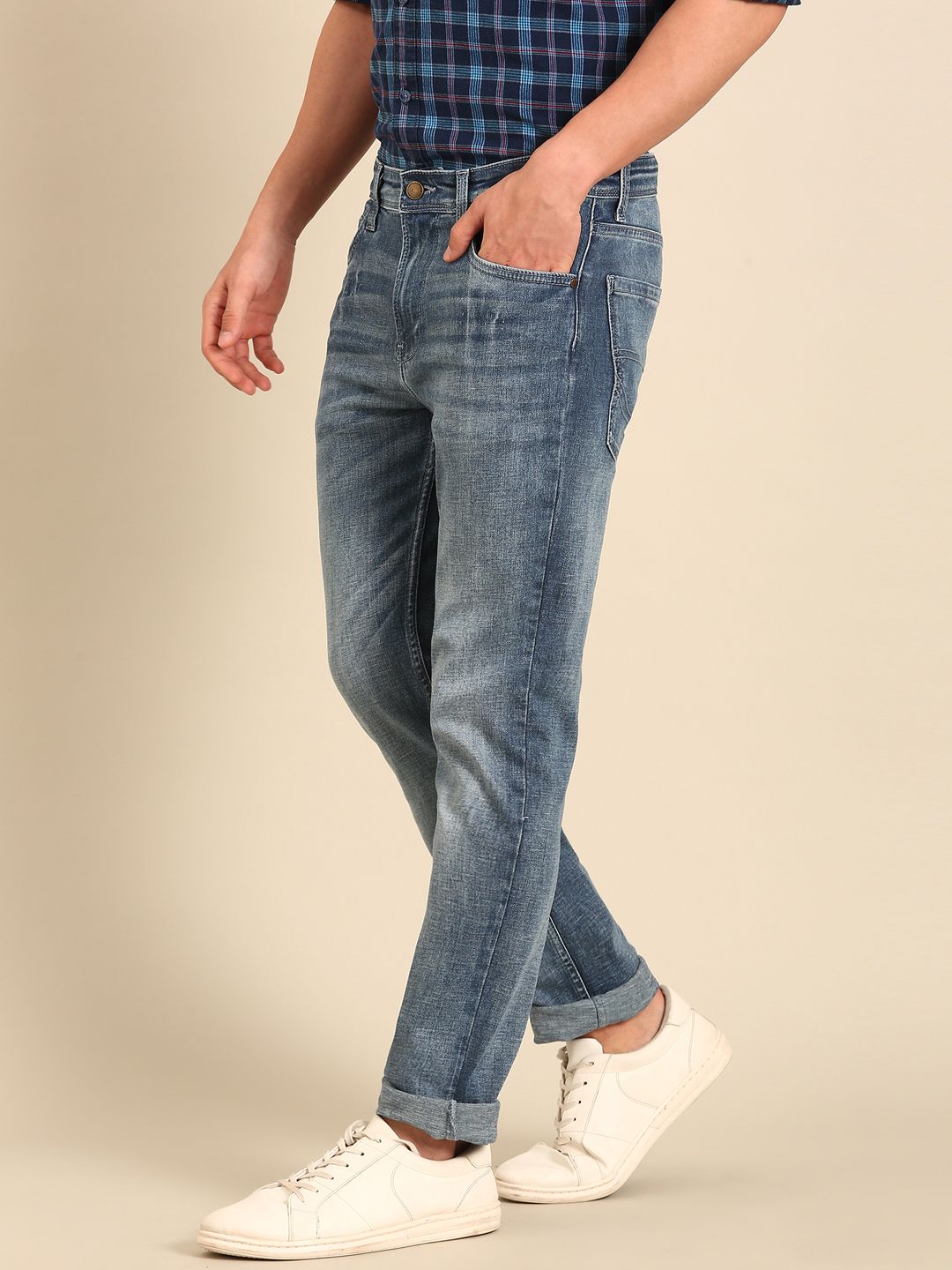 CAVALLO by Linen Club Men's Blended Linen Blue Urban Slim Fit Jeans