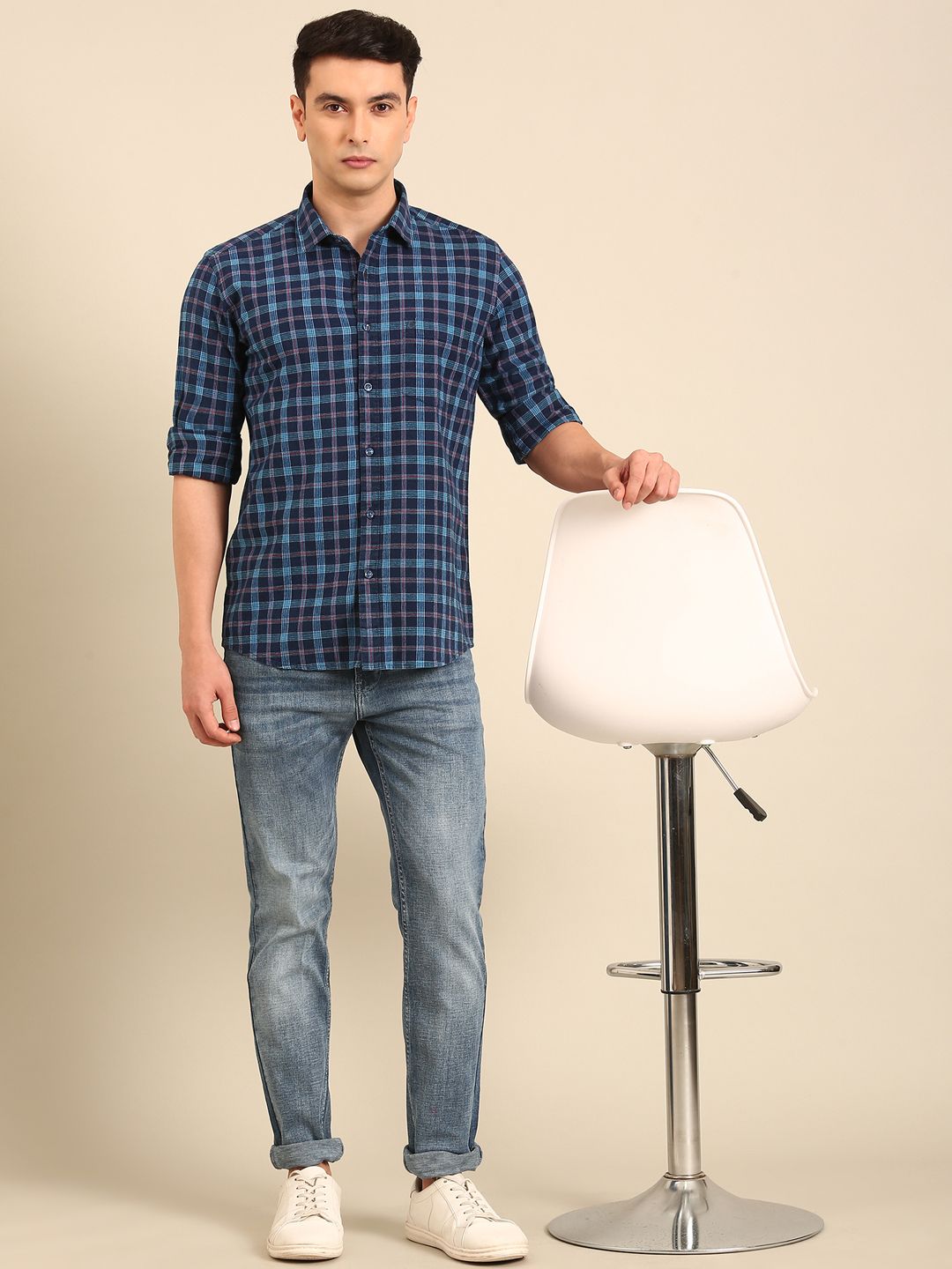 CAVALLO by Linen Club Men's Blended Linen Blue Urban Slim Fit Jeans