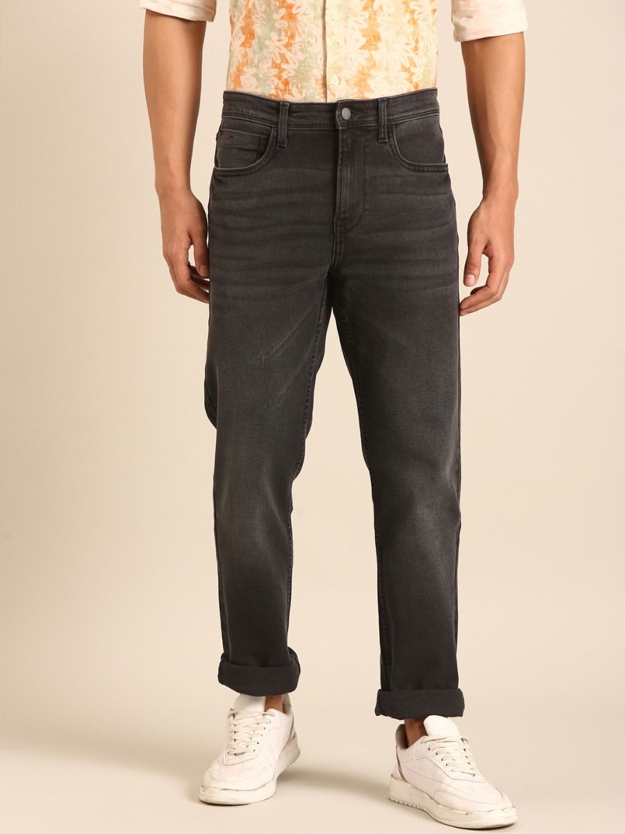 CAVALLO by Linen Club Men's Blended Linen Charcoal Black Urban Slim Fit Jeans