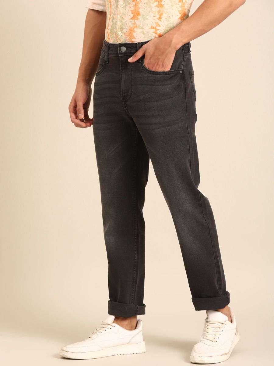 CAVALLO by Linen Club Men's Blended Linen Charcoal Black Urban Slim Fit Jeans