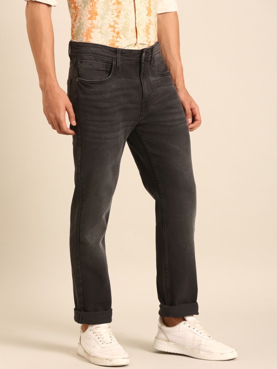 CAVALLO by Linen Club Men's Blended Linen Charcoal Black Urban Slim Fit Jeans