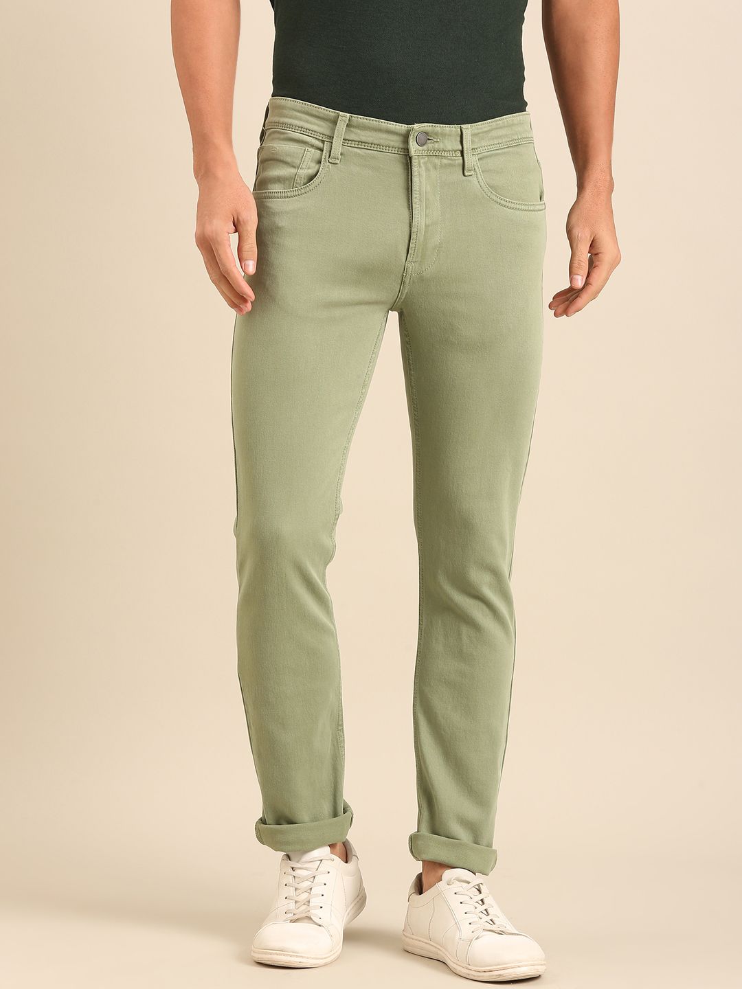 CAVALLO By Linen Club Men's  Olive Solid Urban Slim Fit Casual Jeans