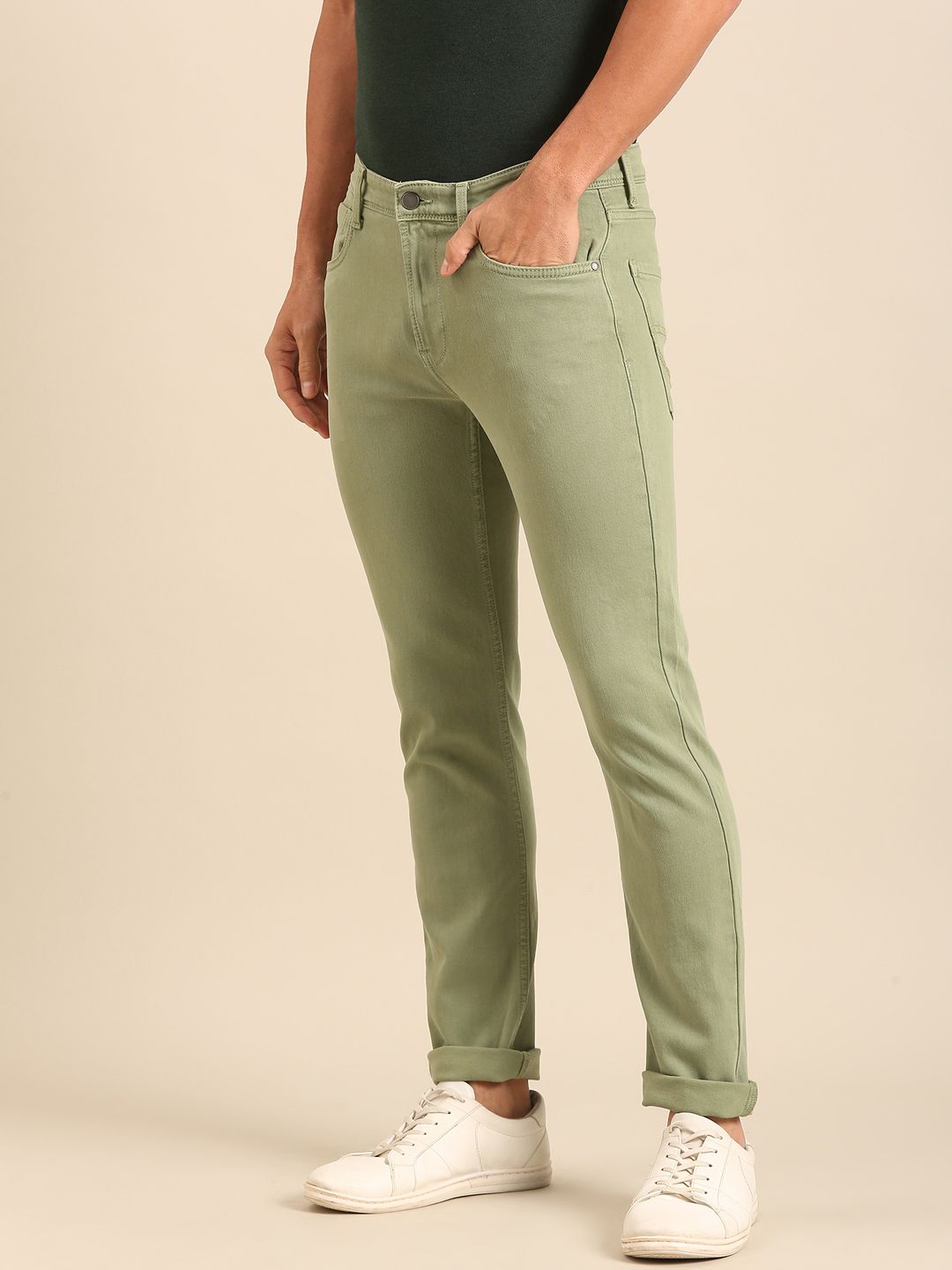 CAVALLO By Linen Club Men's  Olive Solid Urban Slim Fit Casual Jeans