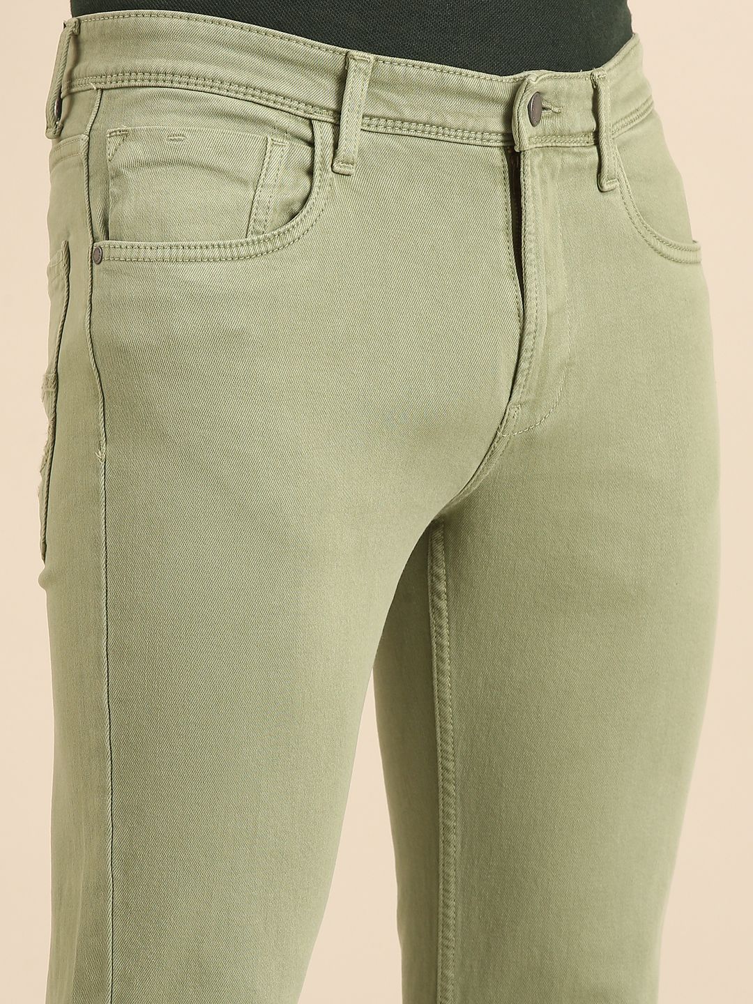 CAVALLO By Linen Club Men's  Olive Solid Urban Slim Fit Casual Jeans