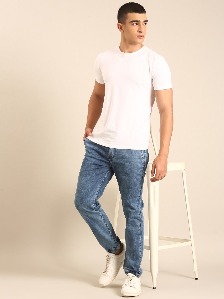 CAVALLO by Linen Club Men's Blended Linen Light Blue Solid Contemporary Fit Casual Trouser