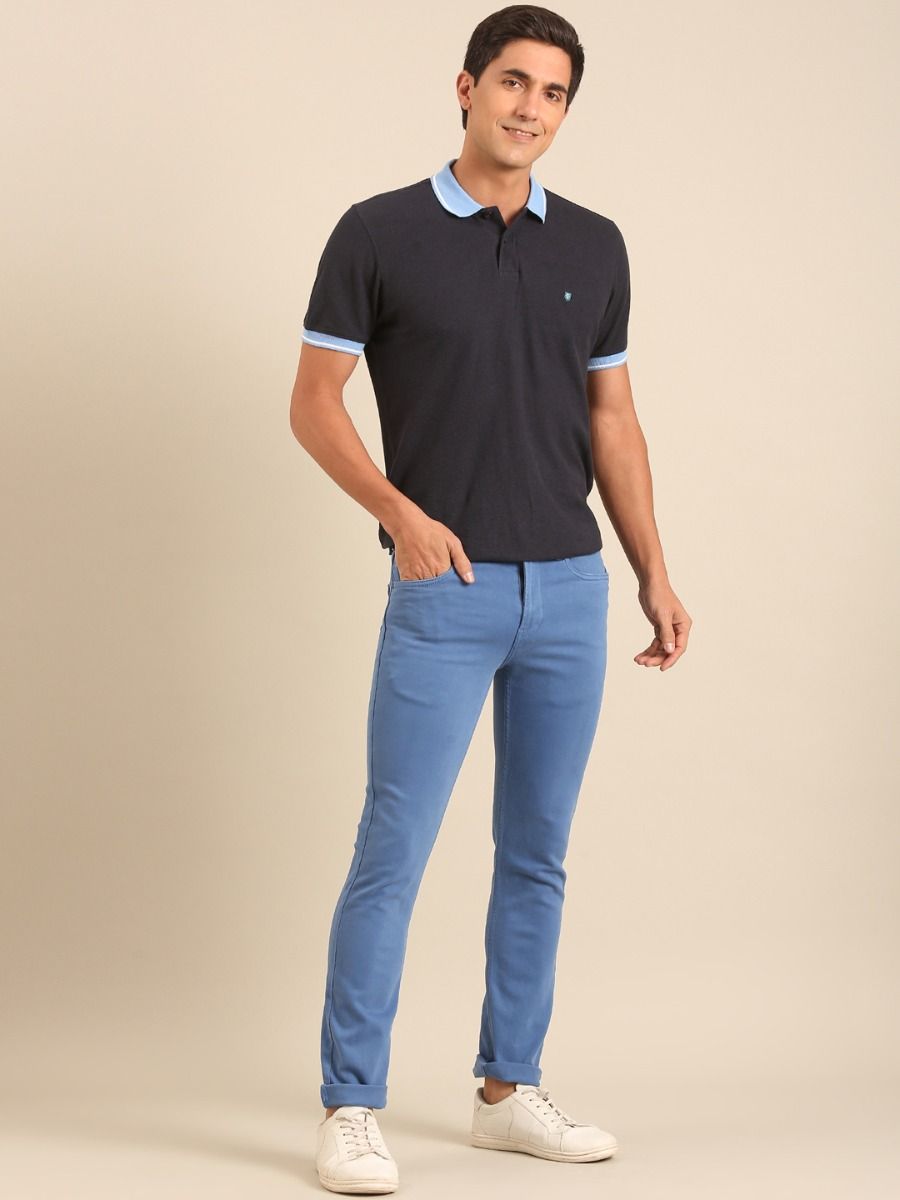CAVALLO By Linen Club Men's  Blue Solid Urban Slim Fit Casual Jeans