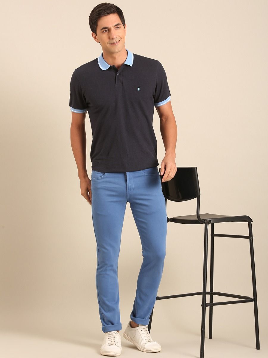 CAVALLO By Linen Club Men's  Blue Solid Urban Slim Fit Casual Jeans