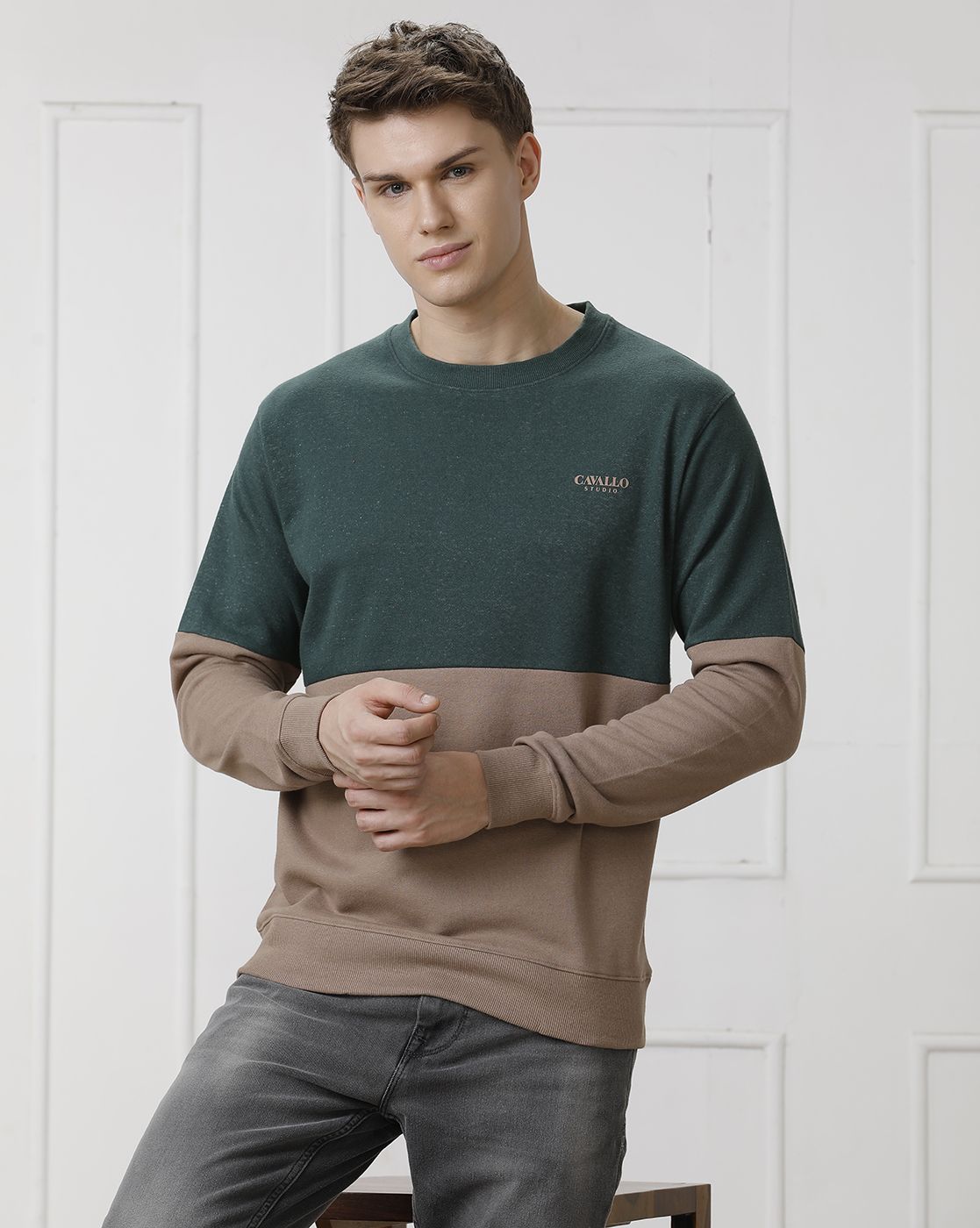 CAVALLO by Linen Club Men's Green Solid Sweatshirt