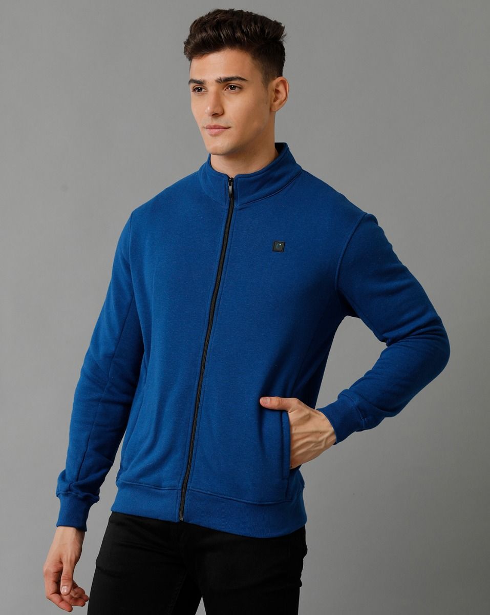 Cavallo By Linen Club Men's Knitted Cotton Linen Blue Solid Sporty Biker Jacket