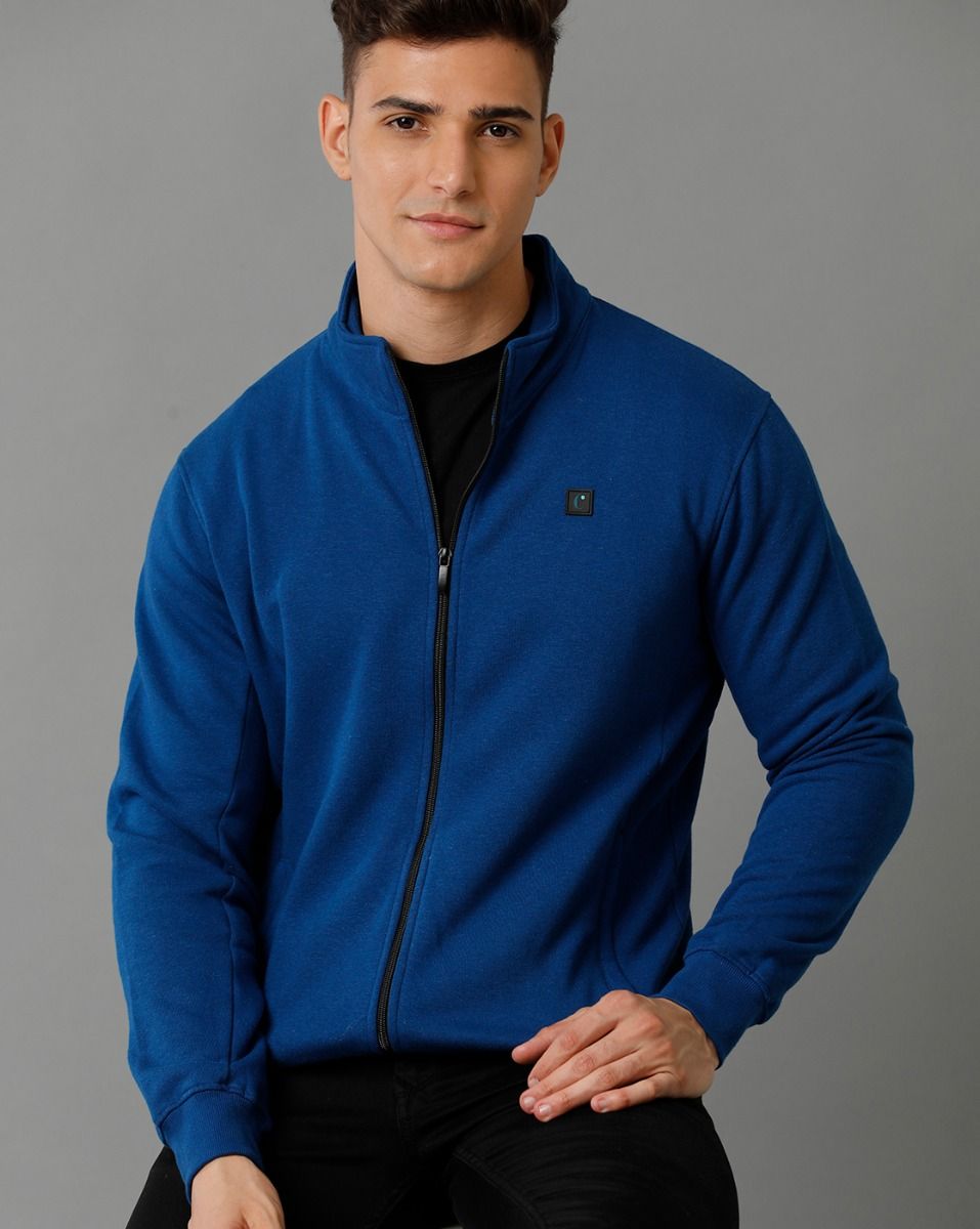 Cavallo By Linen Club Men's Knitted Cotton Linen Blue Solid Sporty Biker Jacket