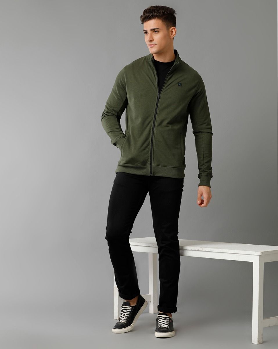 Cavallo By Linen Club Men's Knitted Cotton Linen Green Solid Sporty Biker Jacket