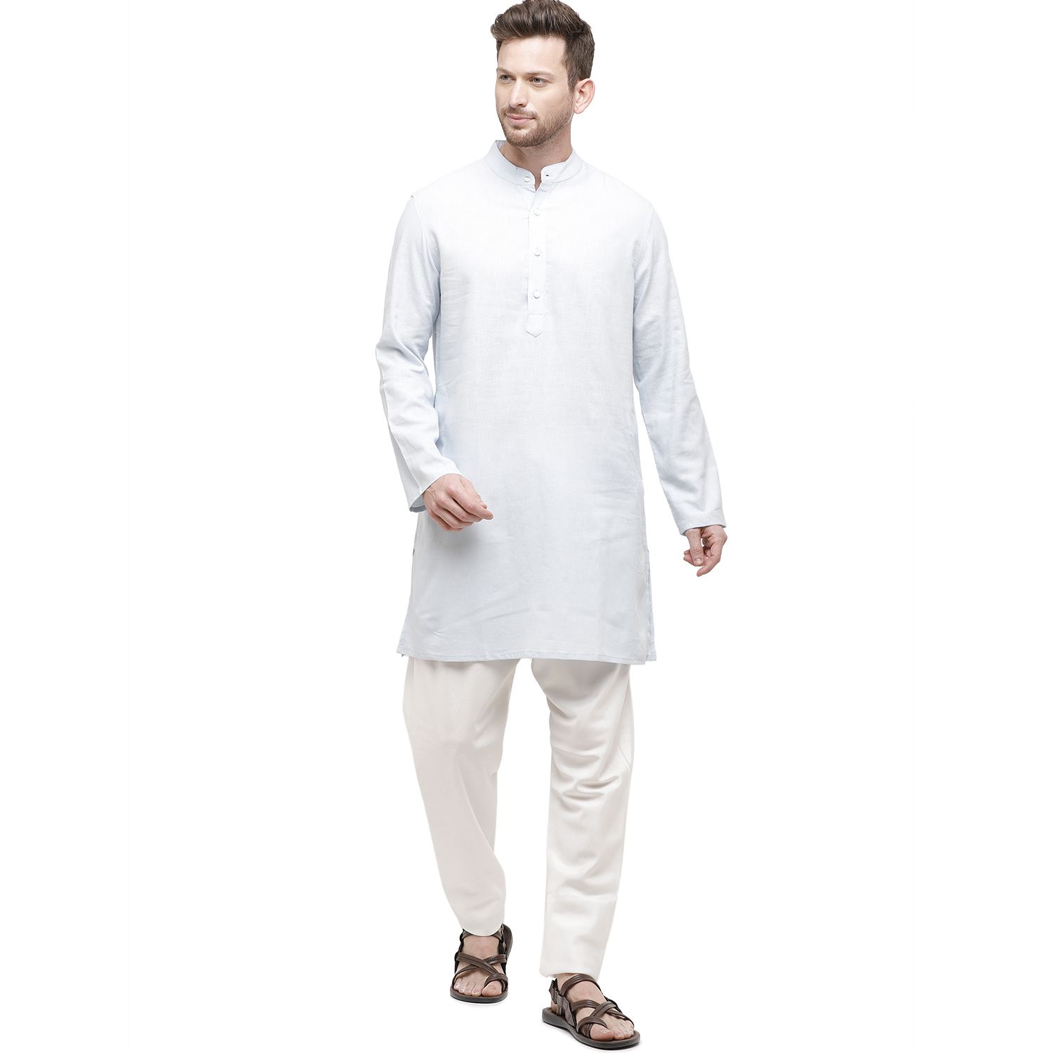 Mens Blended Linen Blue Solid Regular Fit Kurta