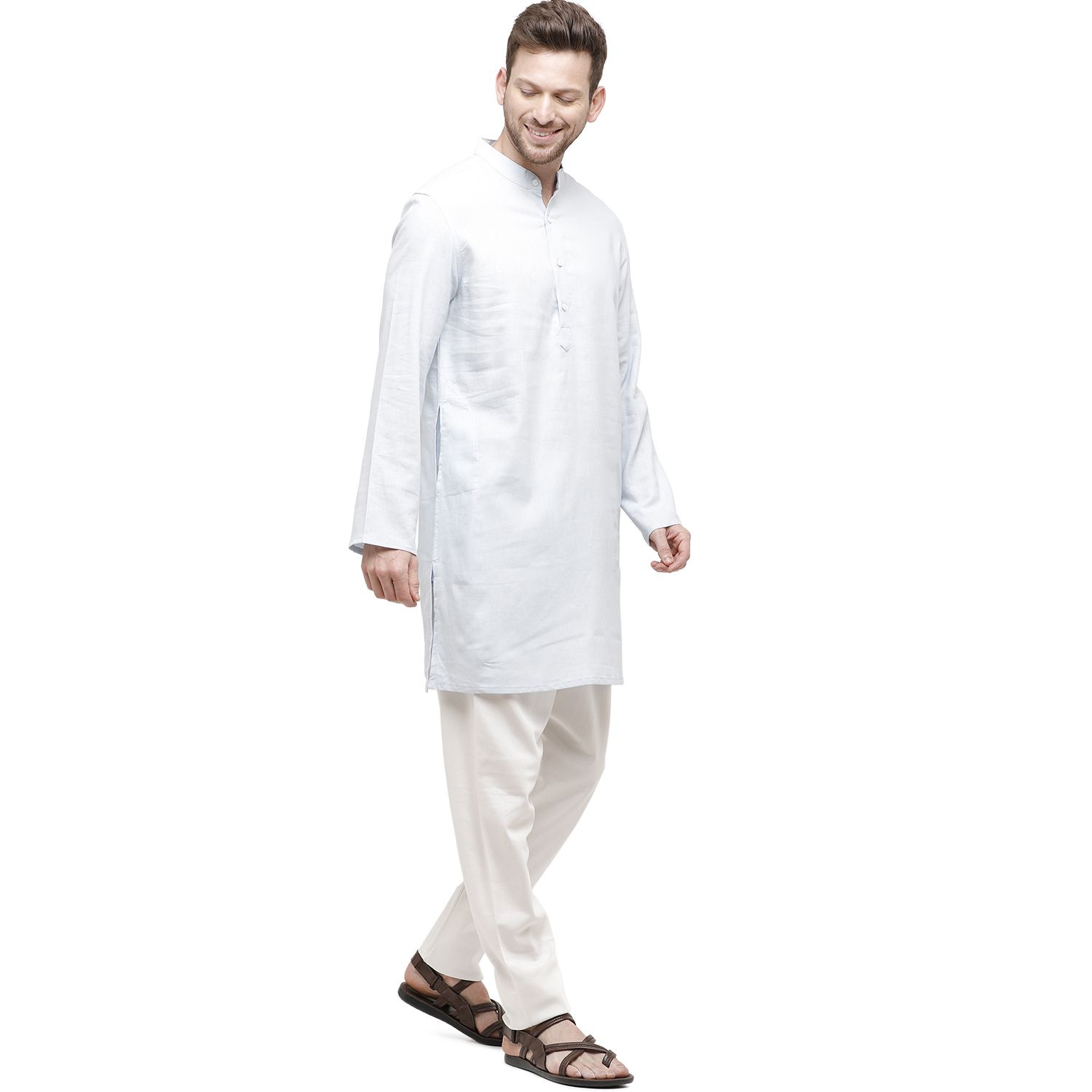 Mens Blended Linen Blue Solid Regular Fit Kurta