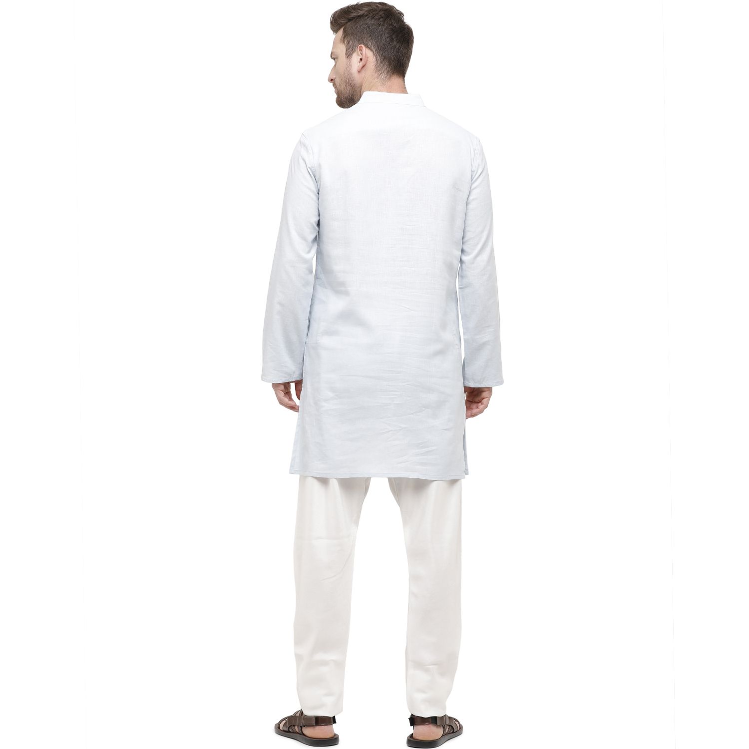 Mens Blended Linen Blue Solid Regular Fit Kurta
