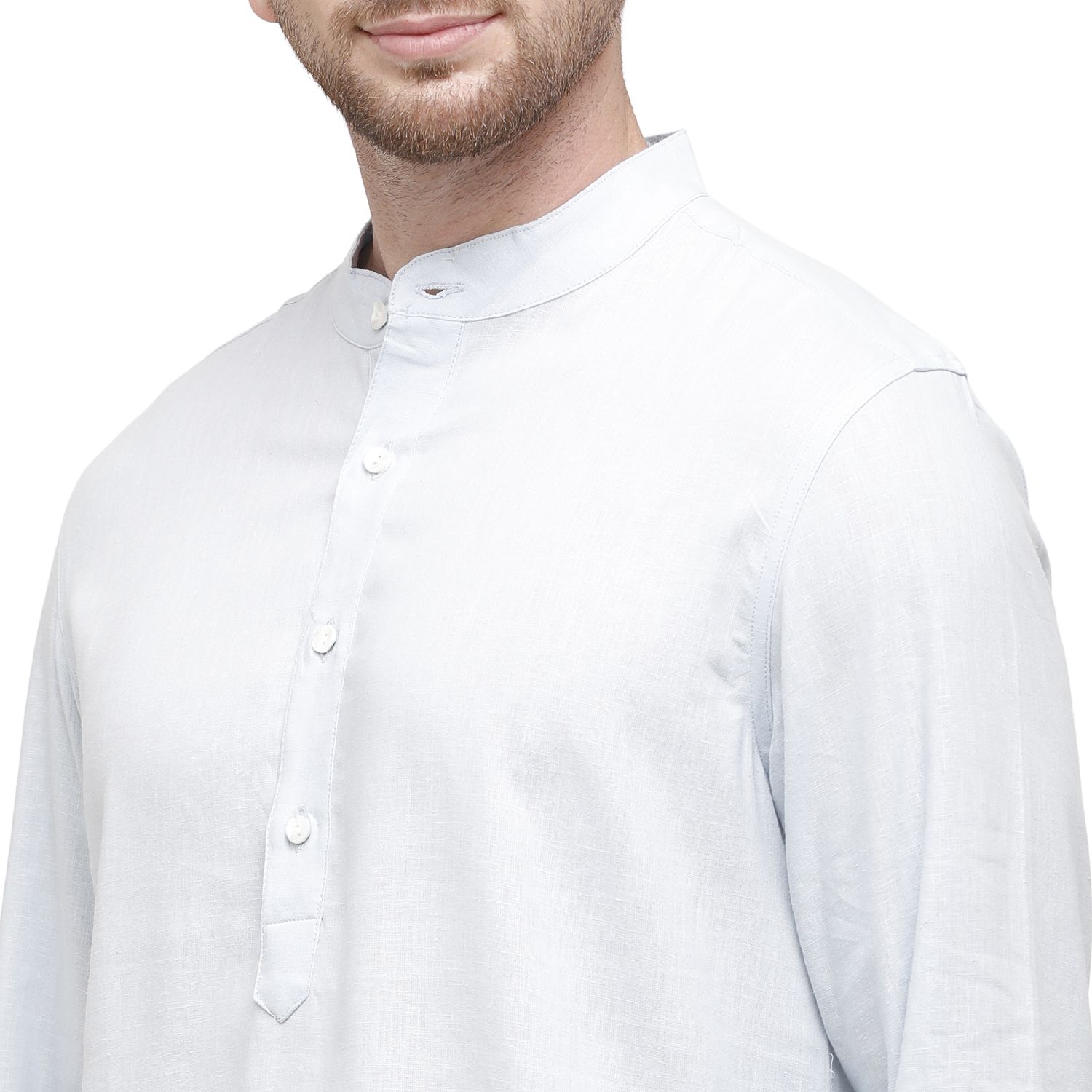 Mens Blended Linen Blue Solid Regular Fit Kurta