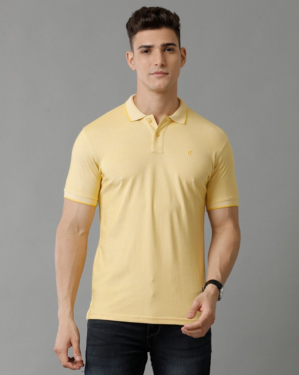 Men's Blended Linen Yellow Solid Contemporary Fit Half Sleeve Polo Neck Casual T-Shirt
