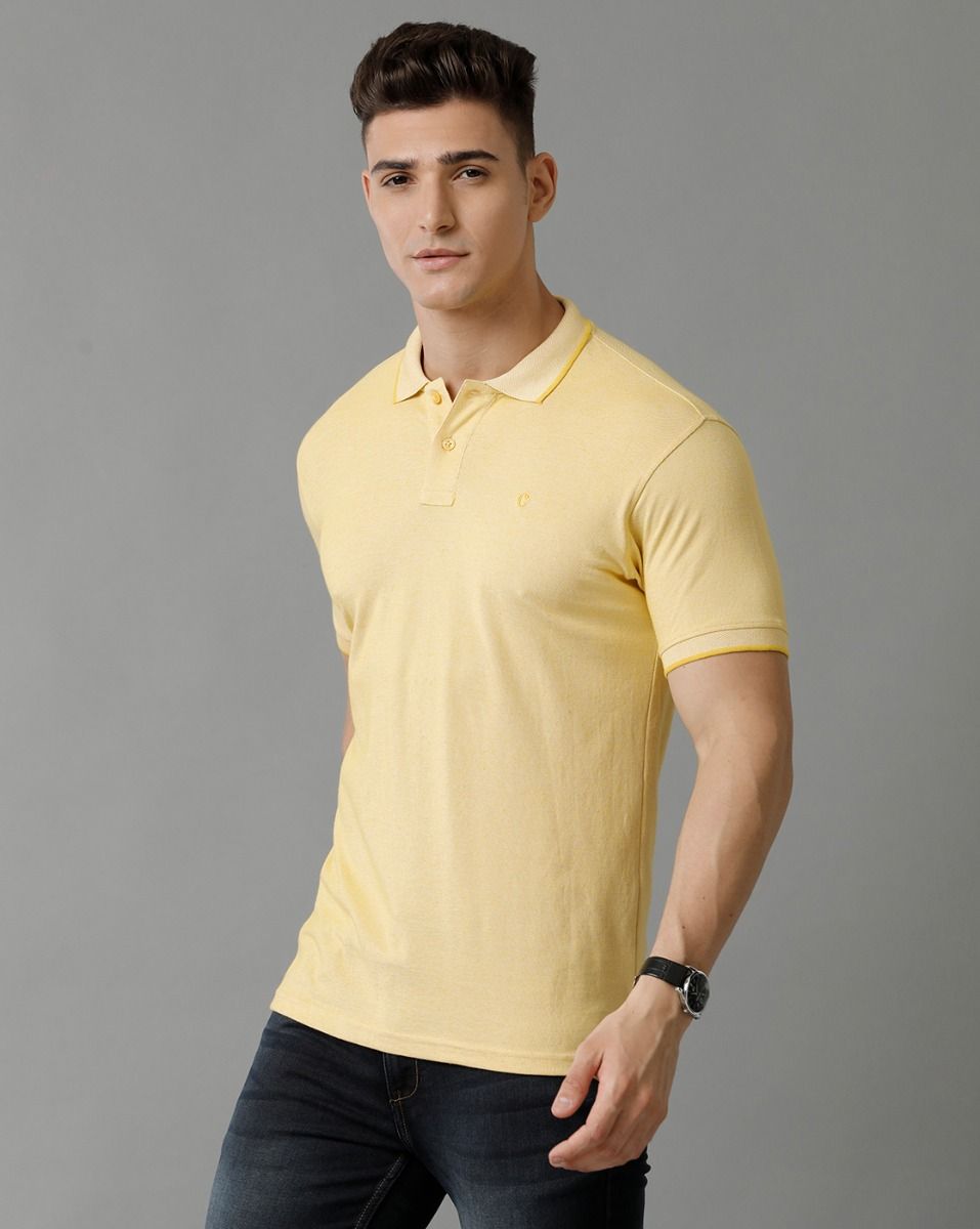 Men's Blended Linen Yellow Solid Contemporary Fit Half Sleeve Polo Neck Casual T-Shirt