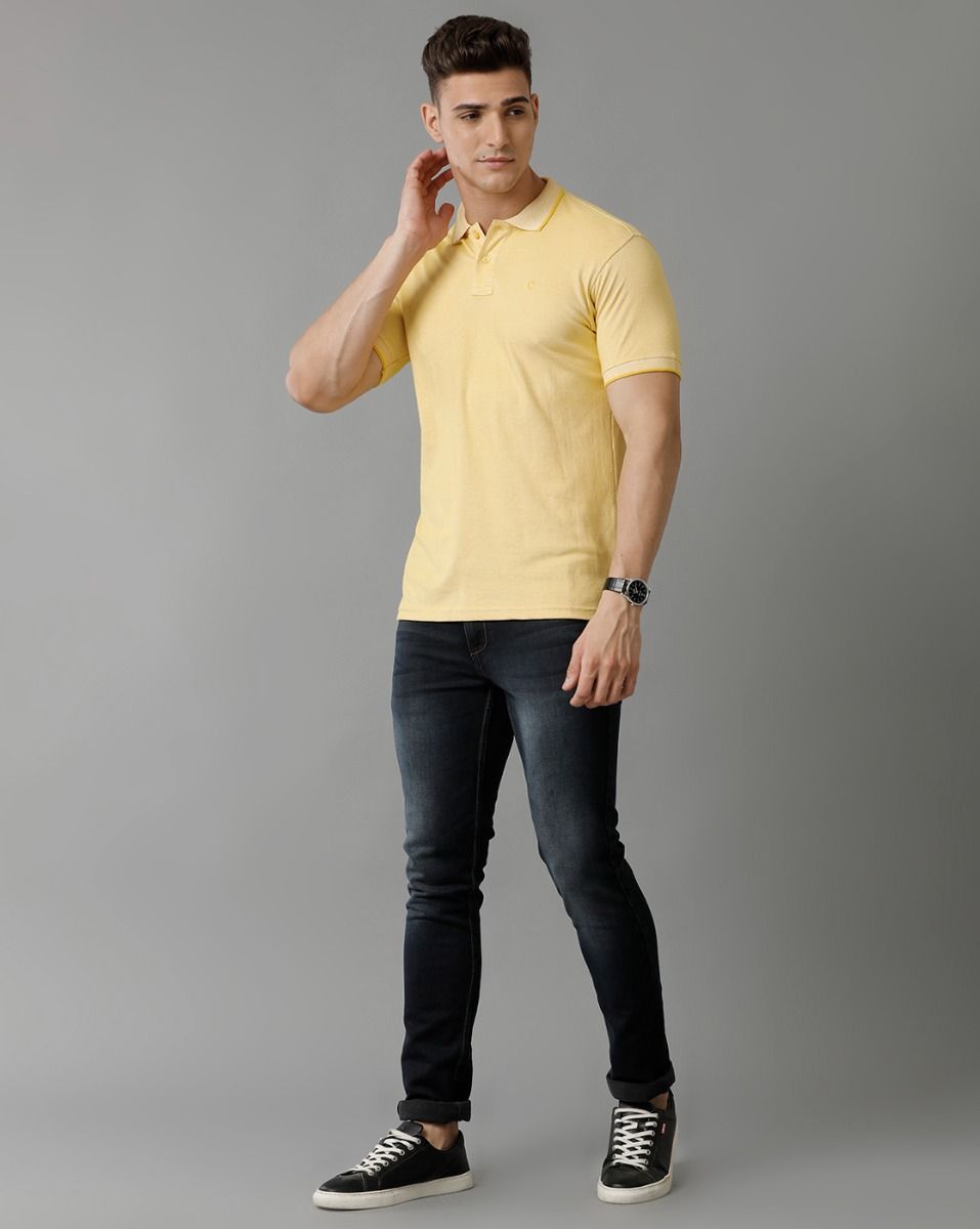 Men's Blended Linen Yellow Solid Contemporary Fit Half Sleeve Polo Neck Casual T-Shirt