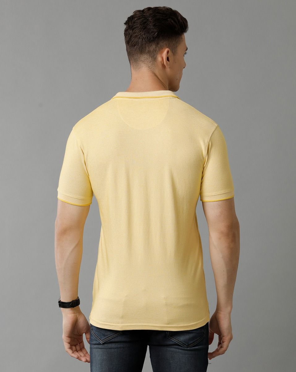 Men's Blended Linen Yellow Solid Contemporary Fit Half Sleeve Polo Neck Casual T-Shirt
