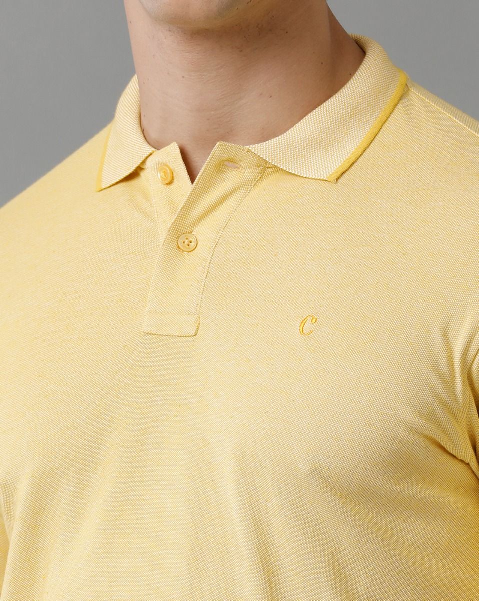 Men's Blended Linen Yellow Solid Contemporary Fit Half Sleeve Polo Neck Casual T-Shirt