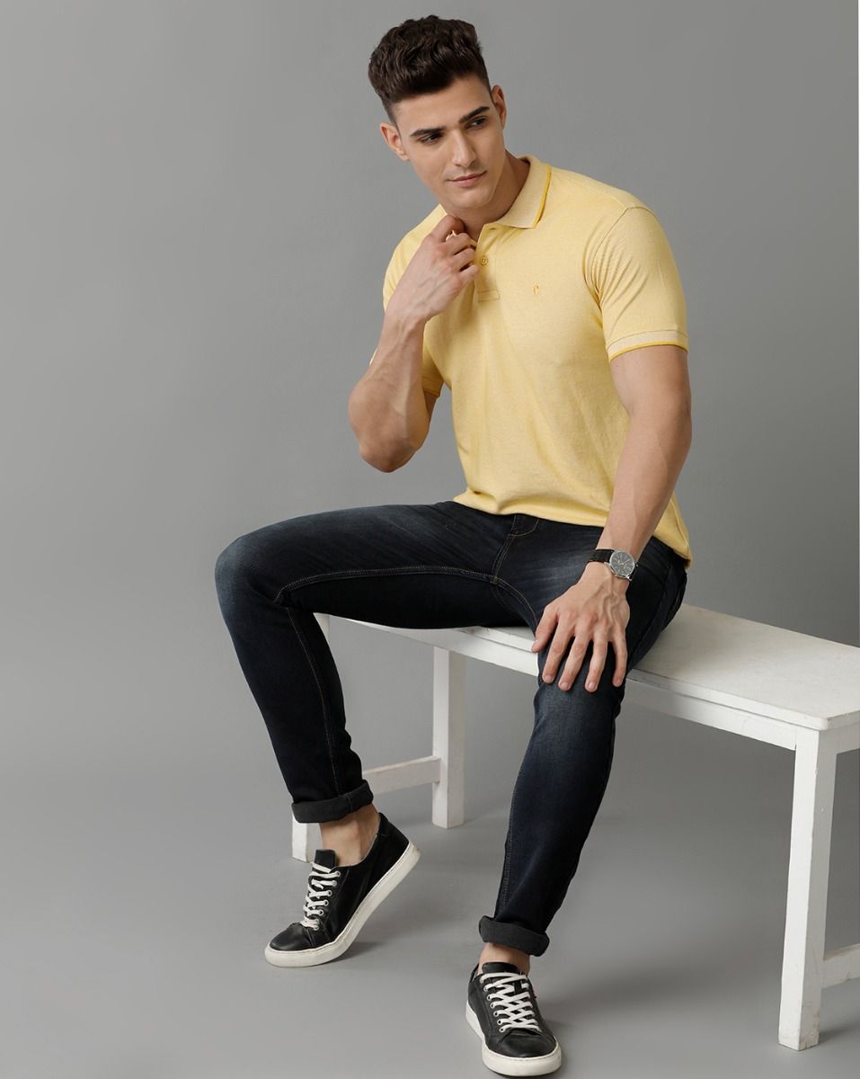 Men's Blended Linen Yellow Solid Contemporary Fit Half Sleeve Polo Neck Casual T-Shirt