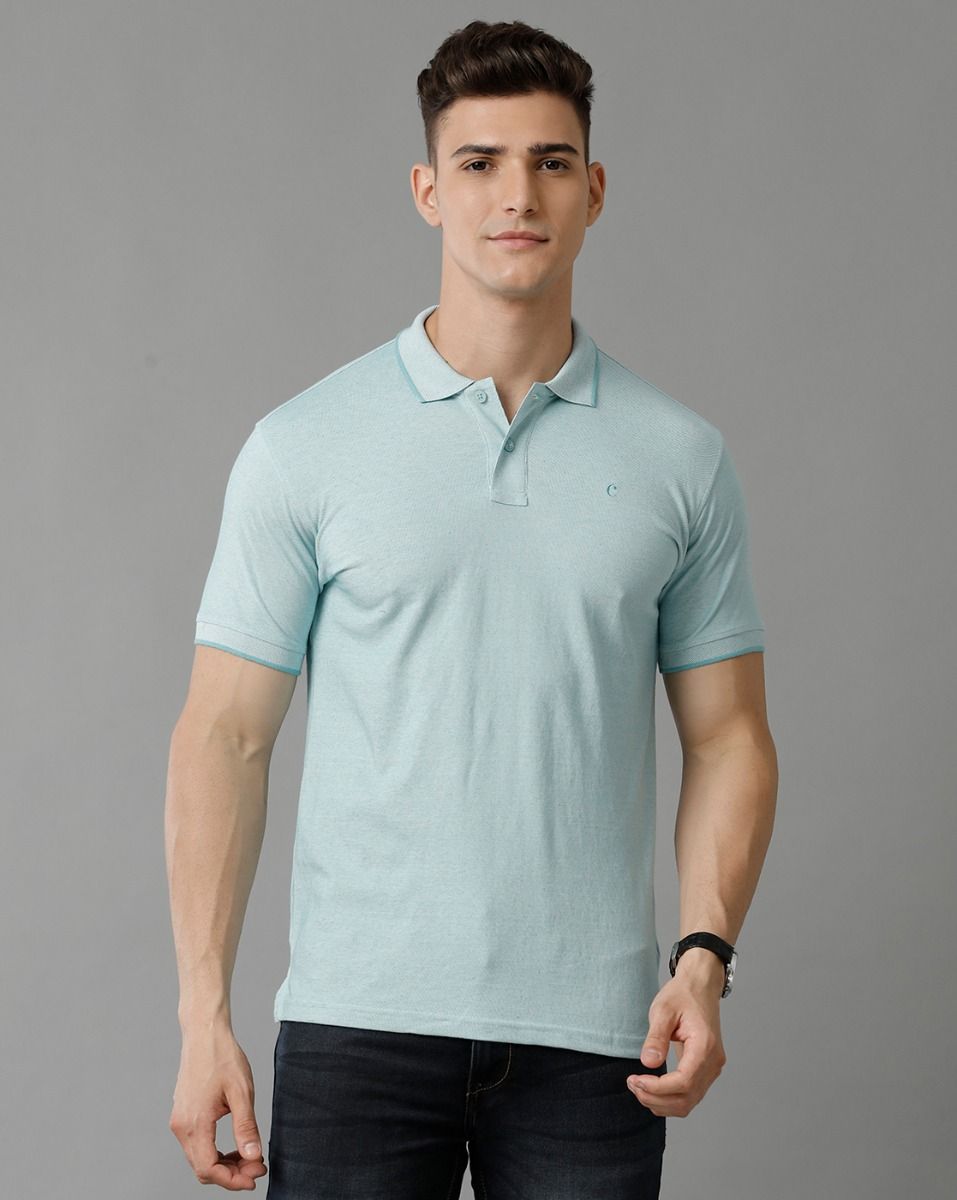 Men's Blended Linen Green Solid Contemporary Fit Half Sleeve Polo Neck Casual T-Shirt