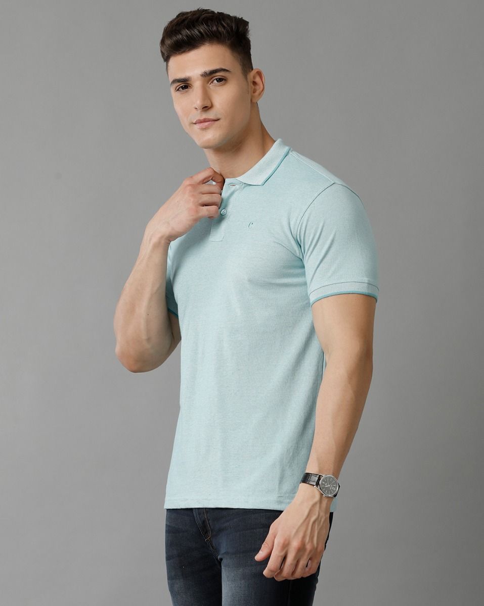 Men's Blended Linen Green Solid Contemporary Fit Half Sleeve Polo Neck Casual T-Shirt