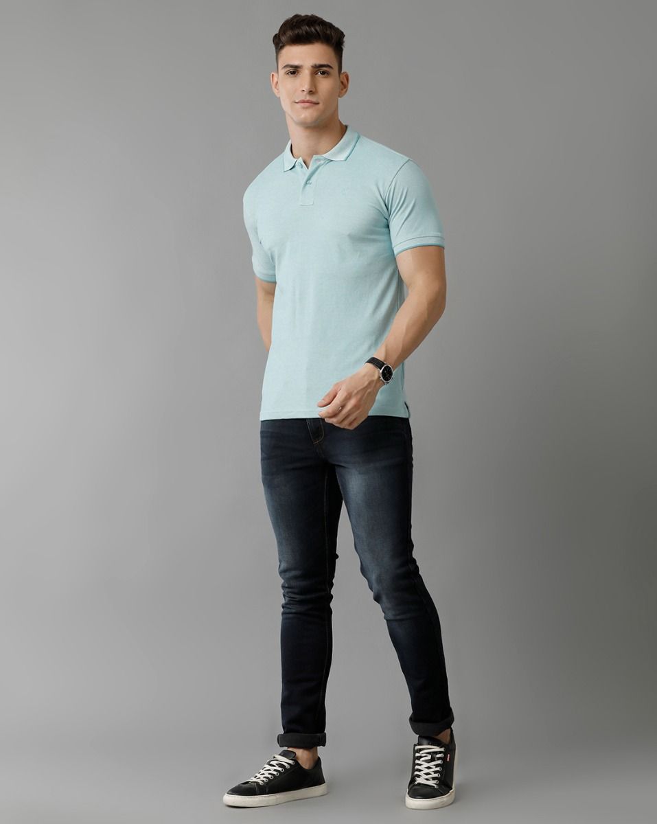 Men's Blended Linen Green Solid Contemporary Fit Half Sleeve Polo Neck Casual T-Shirt