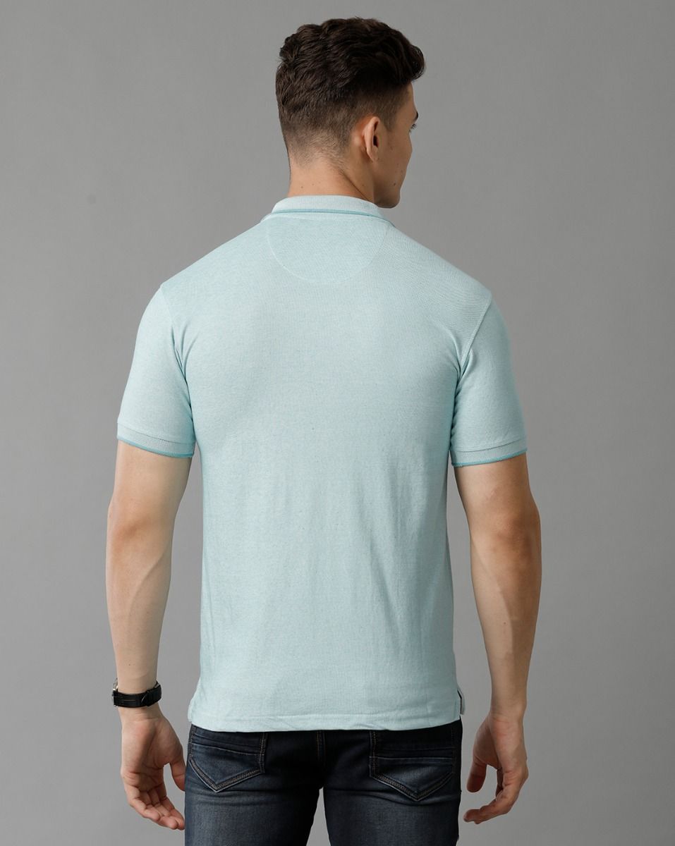 Men's Blended Linen Green Solid Contemporary Fit Half Sleeve Polo Neck Casual T-Shirt