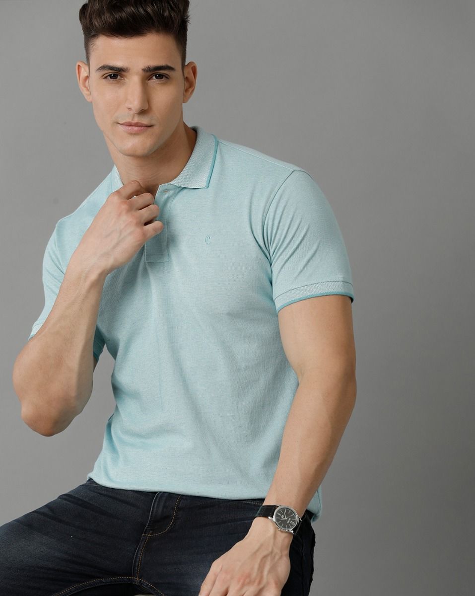 Men's Blended Linen Green Solid Contemporary Fit Half Sleeve Polo Neck Casual T-Shirt