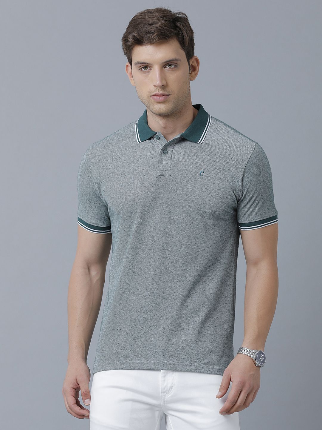 Men's Blended Linen Green Solid Contemporary Fit Half Sleeve Polo Neck Casual T-Shirt