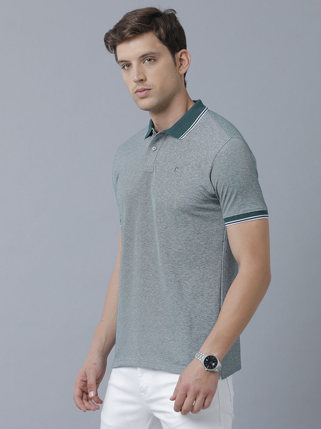 Men's Blended Linen Green Solid Contemporary Fit Half Sleeve Polo Neck Casual T-Shirt