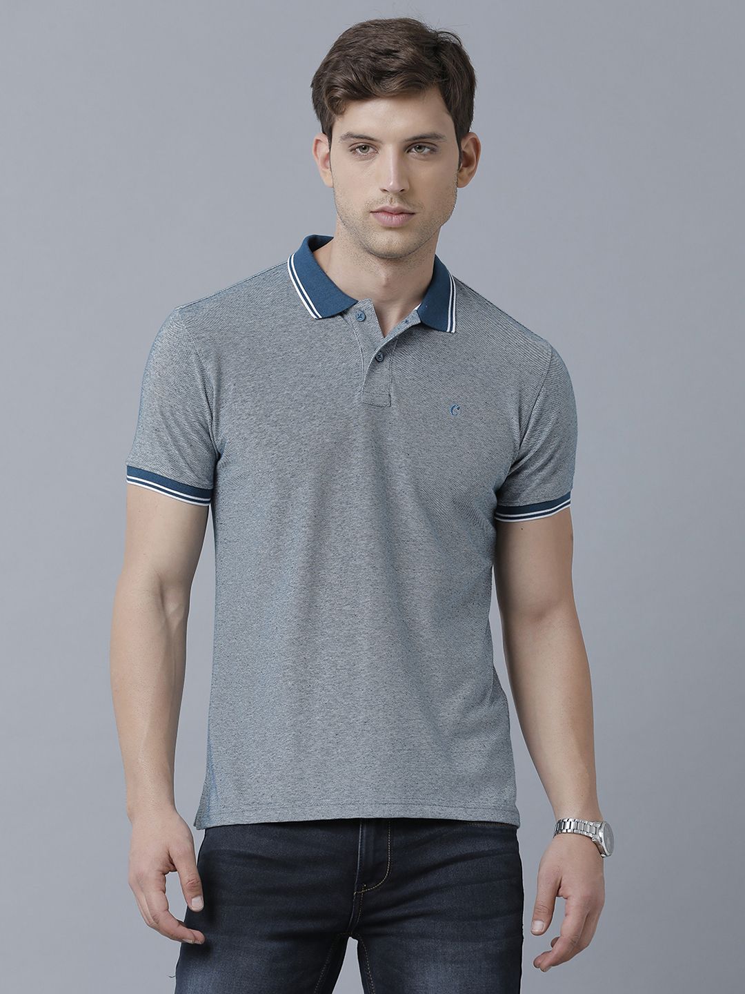 Men's Blended Linen Blue Solid Contemporary Fit Half Sleeve Polo Neck Casual T-Shirt