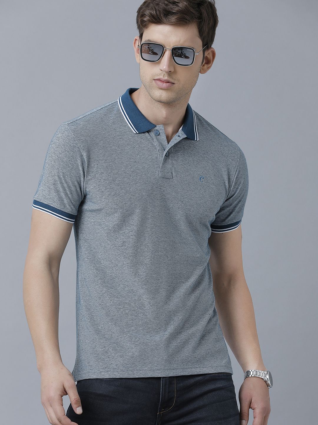 Men's Blended Linen Blue Solid Contemporary Fit Half Sleeve Polo Neck Casual T-Shirt