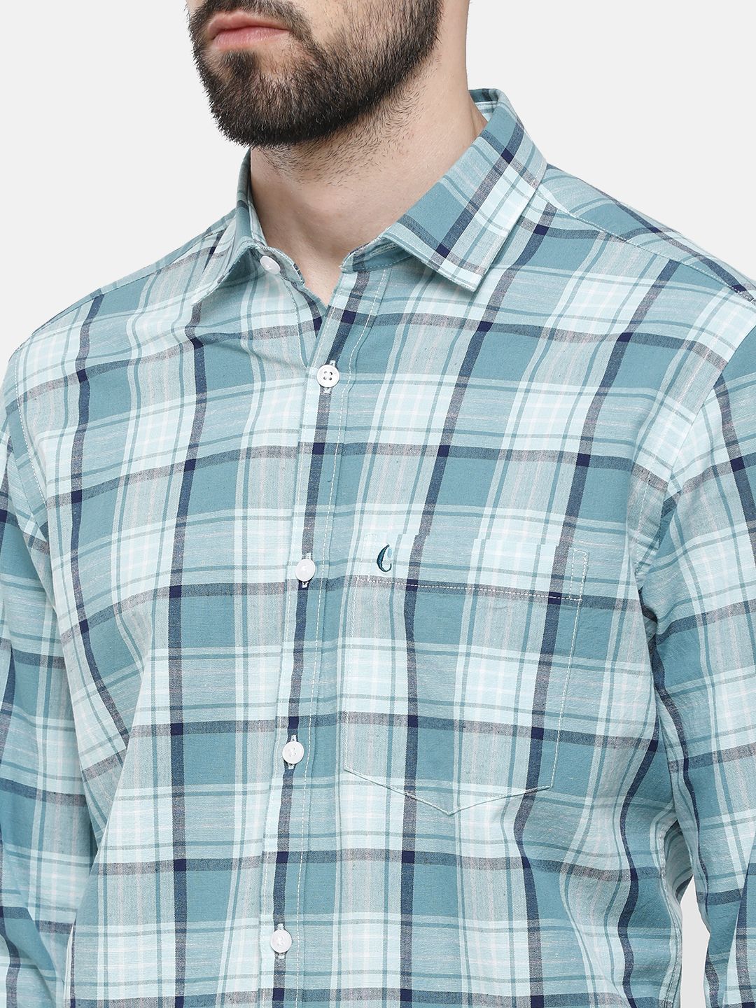 Men's Blended Linen Turquoise Checked Contemporary Fit Full