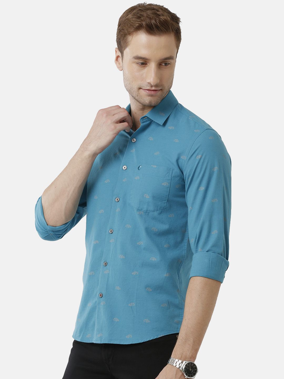 Men's Blended Linen Turquoise Printed Contemporary Fit Full Sleeve Sleeve Casual Shirt