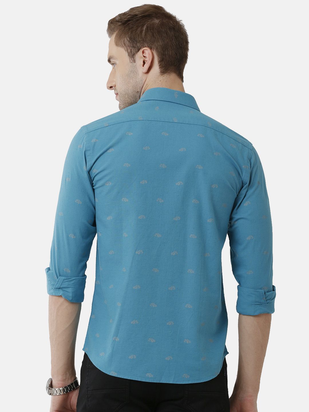 Men's Blended Linen Turquoise Printed Contemporary Fit Full Sleeve Sleeve Casual Shirt